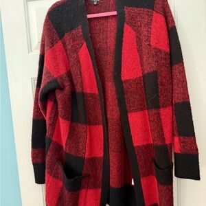 Lucky Brand Red and Black Checkered Cardigan